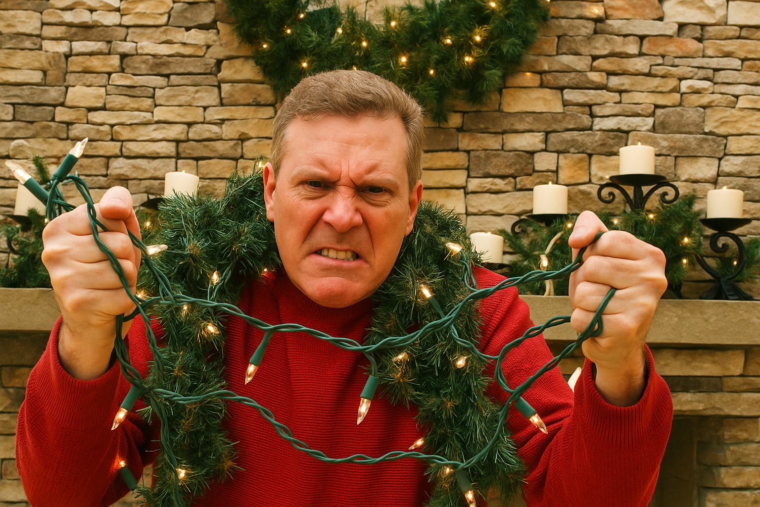 Frustrated San Diego homeowner tangled in holiday lights, illustrating seasonal decorating stress and the need for permanent lighting solutions